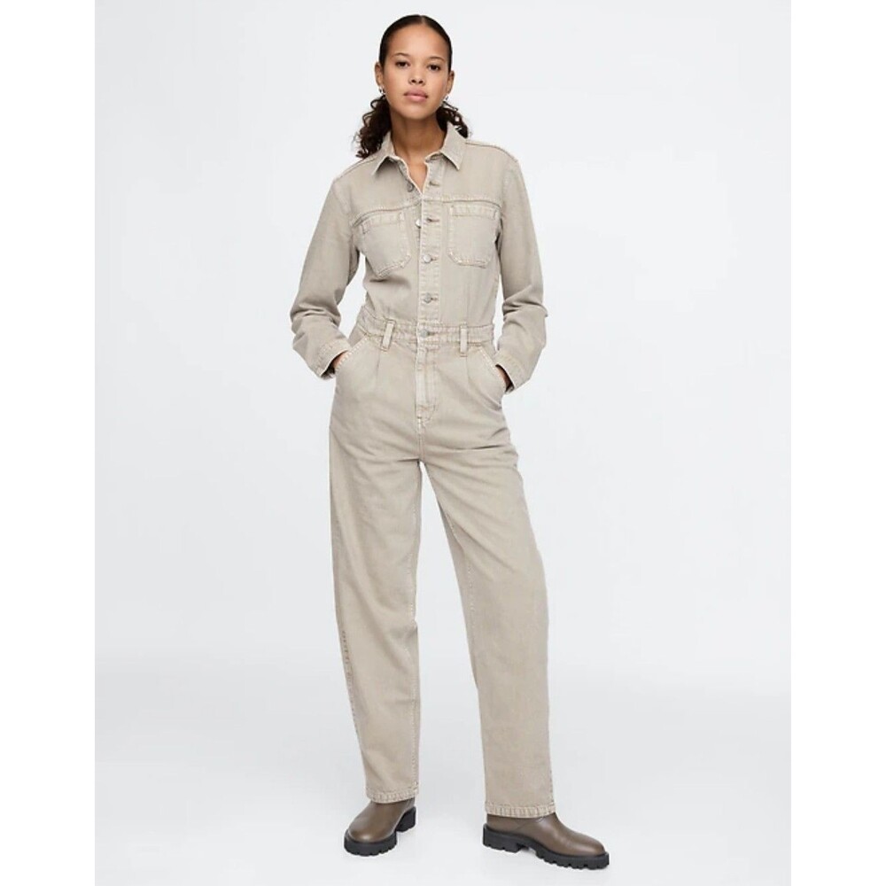 New Gap Denim Jumpsuit Utility Straight Leg Khaki Tan Size 10 Tall Long Sleeve‎